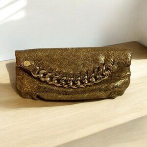 Henri Bendel Clutch Bag Chain Strap Shimmering Gold Textured Finish Brand New